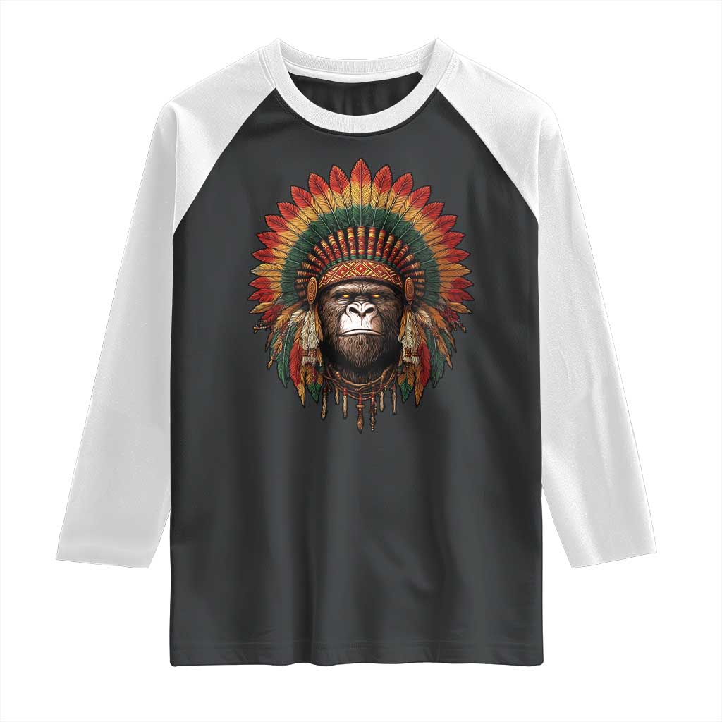 Bigfoot Native American Chief Sasquatch Wearing Headdress Raglan Shirt TS11 Black White Print Your Wear