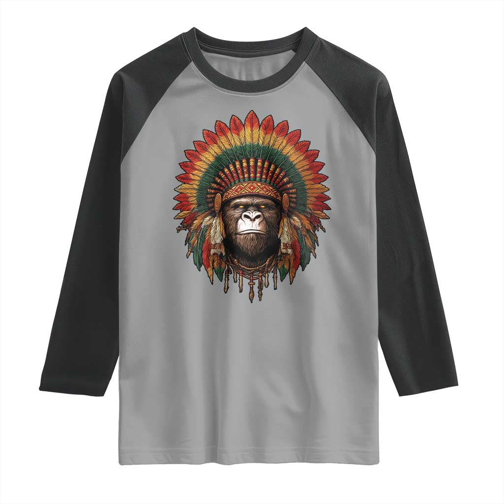 Bigfoot Native American Chief Sasquatch Wearing Headdress Raglan Shirt TS11 Sport Gray Black Print Your Wear