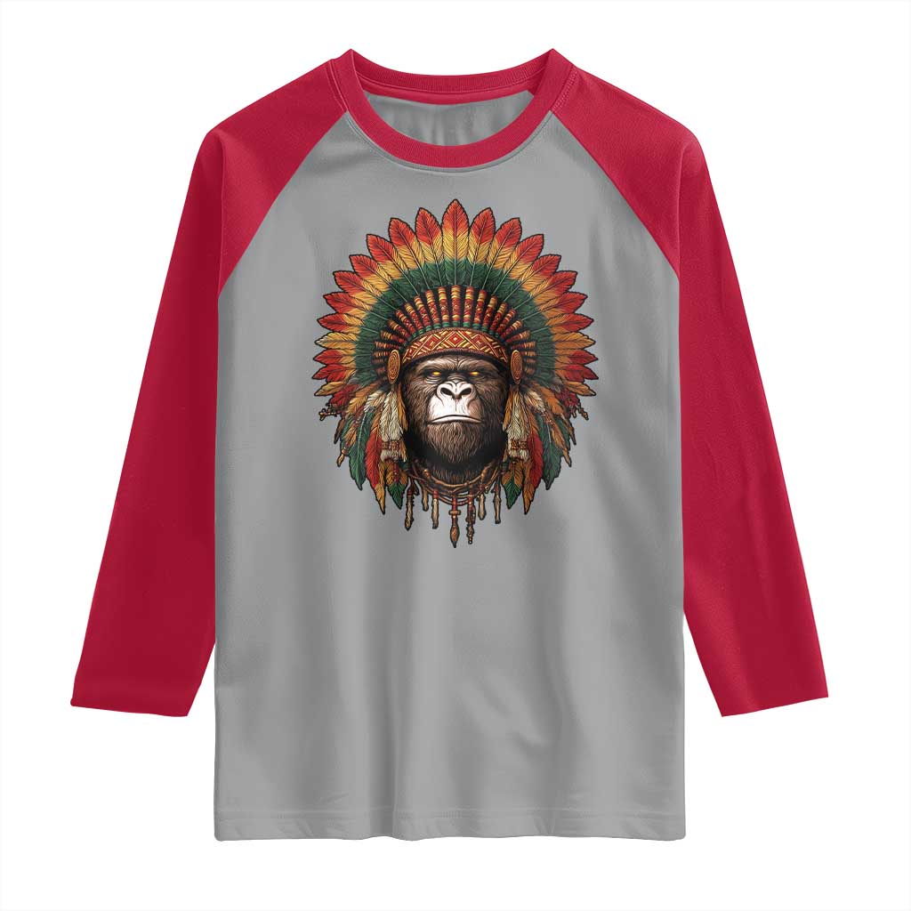 Bigfoot Native American Chief Sasquatch Wearing Headdress Raglan Shirt TS11 Sport Gray Red Print Your Wear