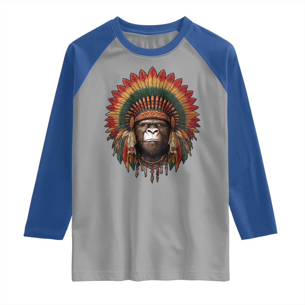 Bigfoot Native American Chief Sasquatch Wearing Headdress Raglan Shirt TS11 Sport Gray Royal Print Your Wear