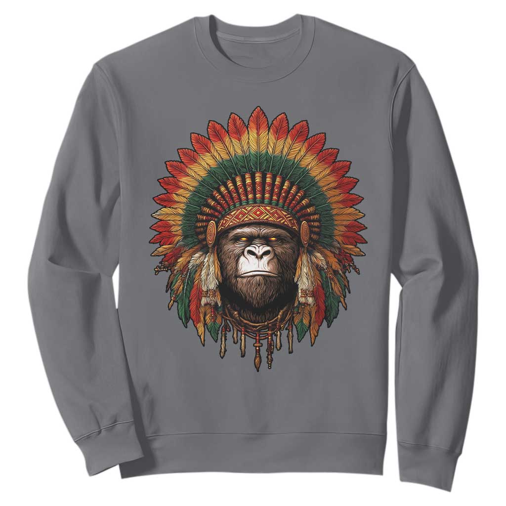 Bigfoot Native American Chief Sasquatch Wearing Headdress Sweatshirt TS11 Charcoal Print Your Wear