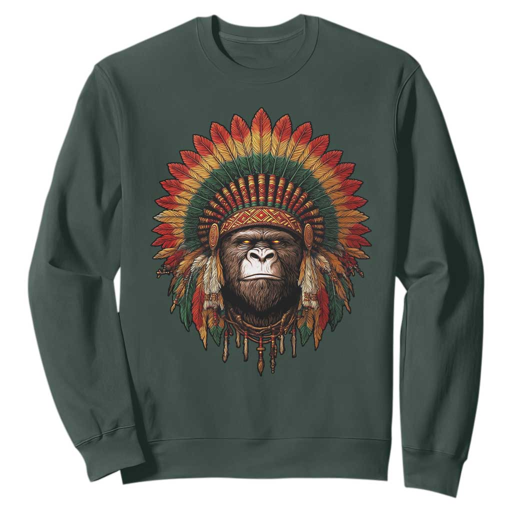Bigfoot Native American Chief Sasquatch Wearing Headdress Sweatshirt TS11 Dark Forest Green Print Your Wear