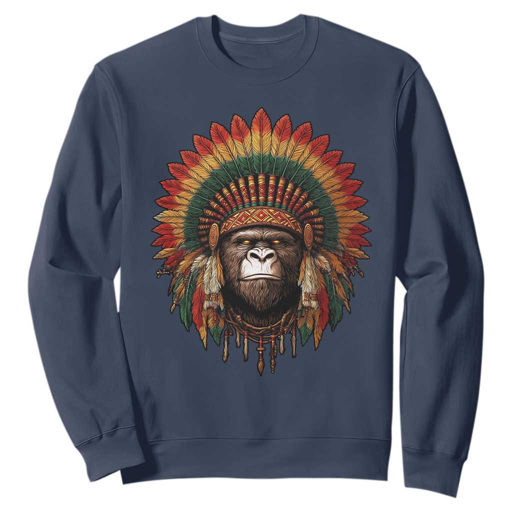 Bigfoot Native American Chief Sasquatch Wearing Headdress Sweatshirt TS11 Navy Print Your Wear