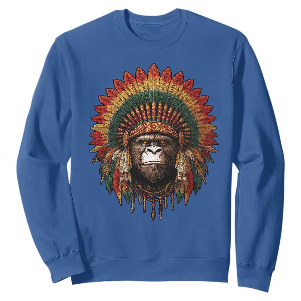 Bigfoot Native American Chief Sasquatch Wearing Headdress Sweatshirt TS11 Royal Blue Print Your Wear
