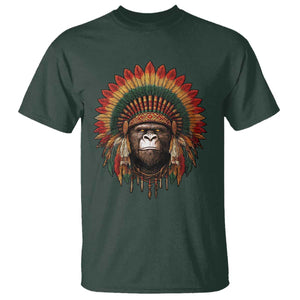 Bigfoot Native American Chief Sasquatch Wearing Headdress T Shirt TS11 Dark Forest Green Print Your Wear