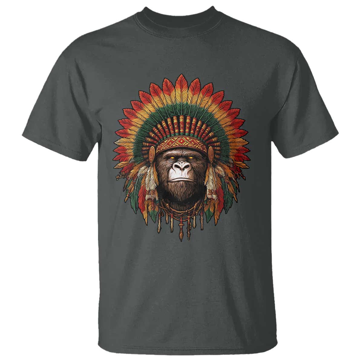 Bigfoot Native American Chief Sasquatch Wearing Headdress T Shirt TS11 Dark Heather Print Your Wear