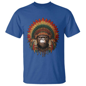 Bigfoot Native American Chief Sasquatch Wearing Headdress T Shirt TS11 Royal Blue Print Your Wear