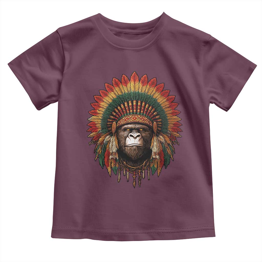 Bigfoot Native American Chief Sasquatch Wearing Headdress Toddler T Shirt TS11 Maroon Print Your Wear