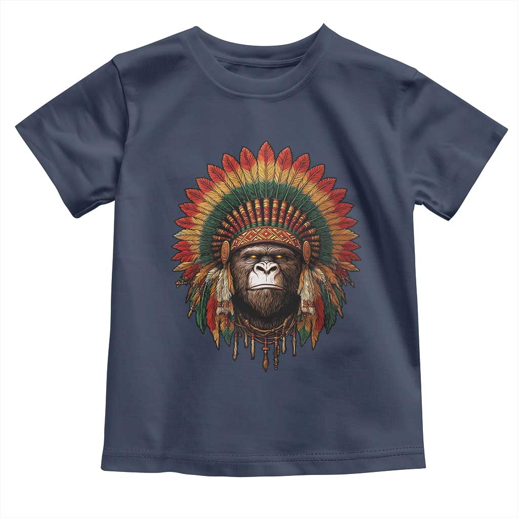 Bigfoot Native American Chief Sasquatch Wearing Headdress Toddler T Shirt TS11 Navy Print Your Wear