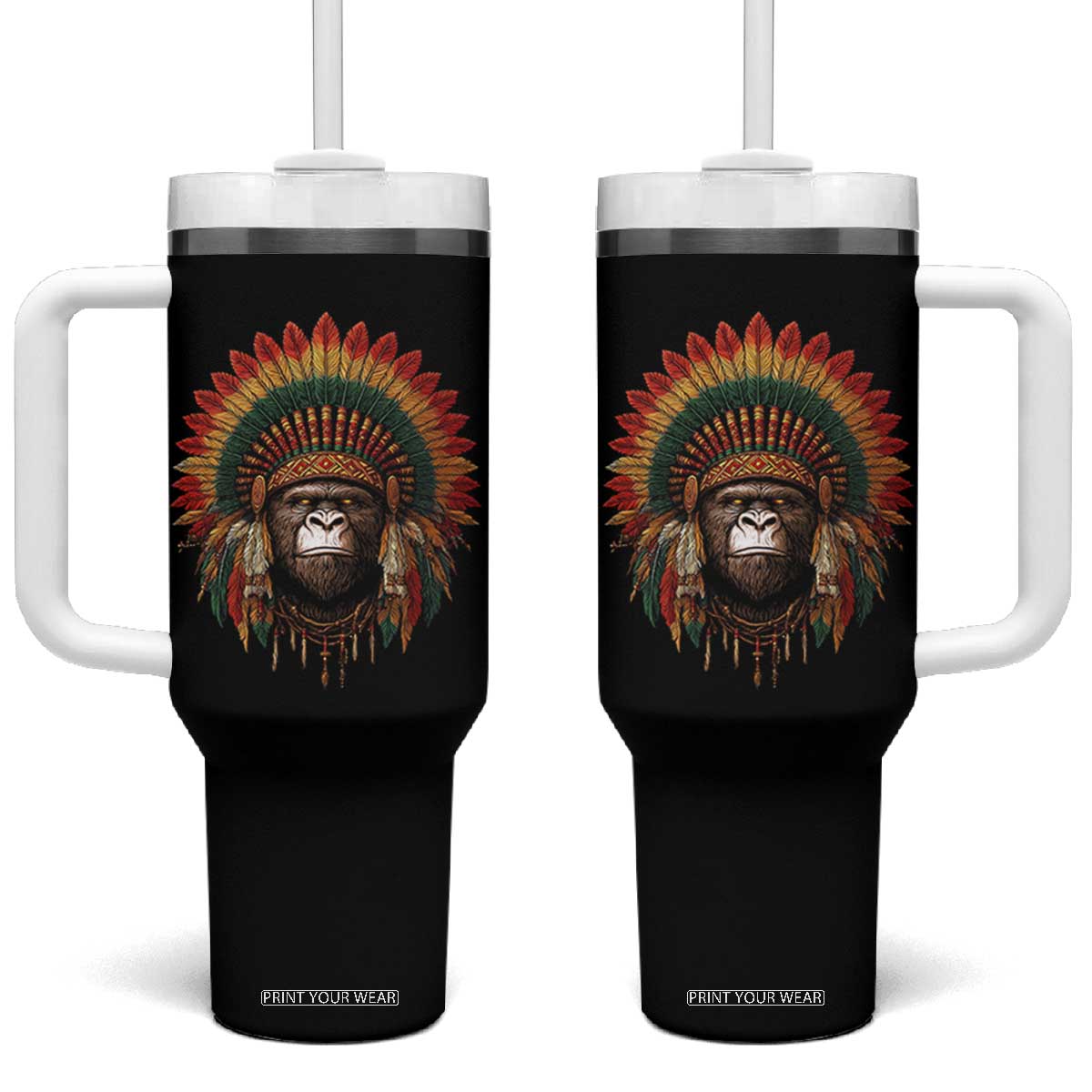 Bigfoot Native American Chief Sasquatch Wearing Headdress Tumbler With Handle TS11 One Size: 40 oz Black Print Your Wear