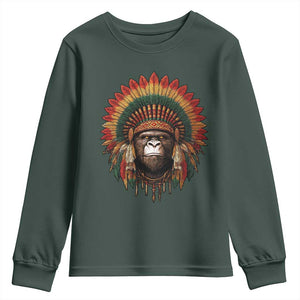 Bigfoot Native American Chief Sasquatch Wearing Headdress Youth Sweatshirt TS11 Dark Forest Green Print Your Wear
