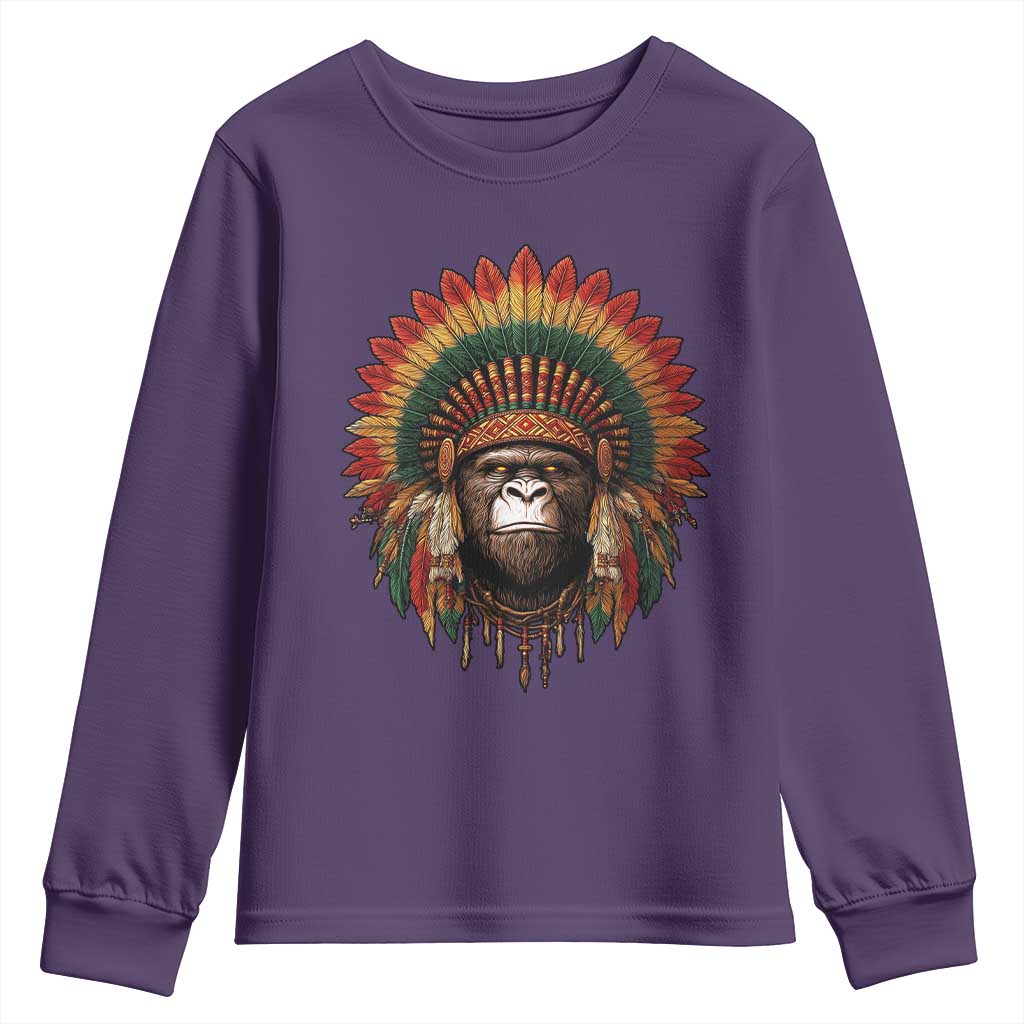 Bigfoot Native American Chief Sasquatch Wearing Headdress Youth Sweatshirt TS11 Purple Print Your Wear