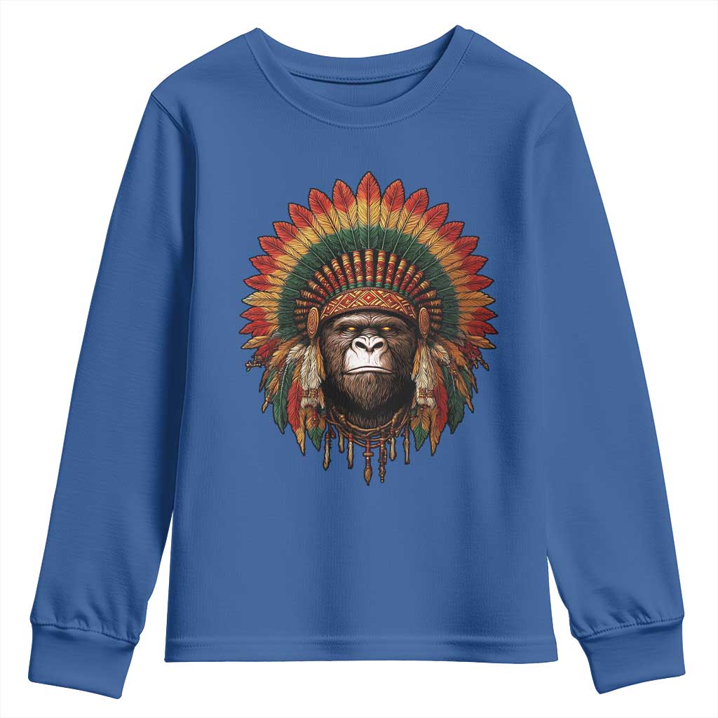 Bigfoot Native American Chief Sasquatch Wearing Headdress Youth Sweatshirt TS11 Royal Blue Print Your Wear