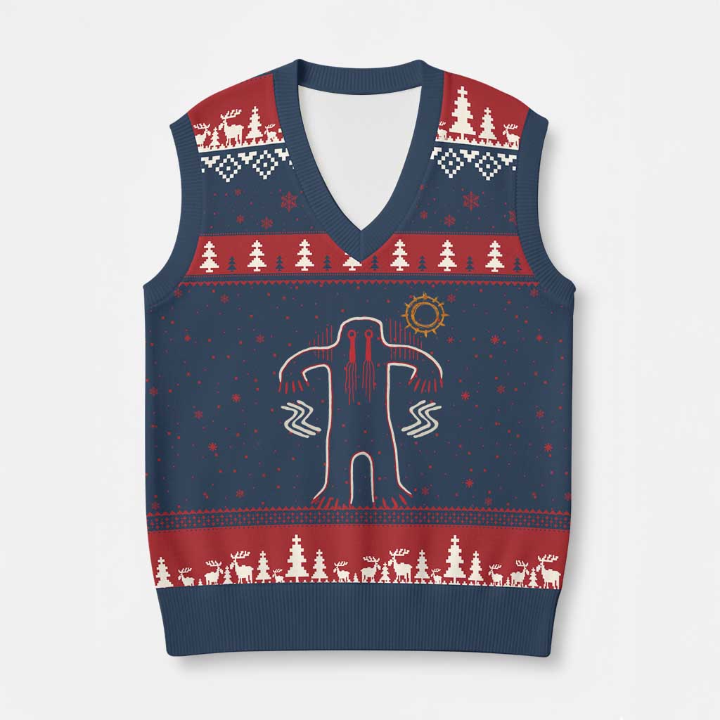 Native American Bigfoot Sasquatch Petroglyph Cave Art V-Neck Knit Sweater Vest TS11 Navy Red Print Your Wear