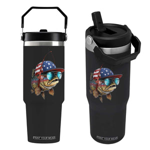 Funny Patriot American Flag Bass Fish Fishing Flip Straw Tumbler TS11 One Size: 30 oz Black Print Your Wear