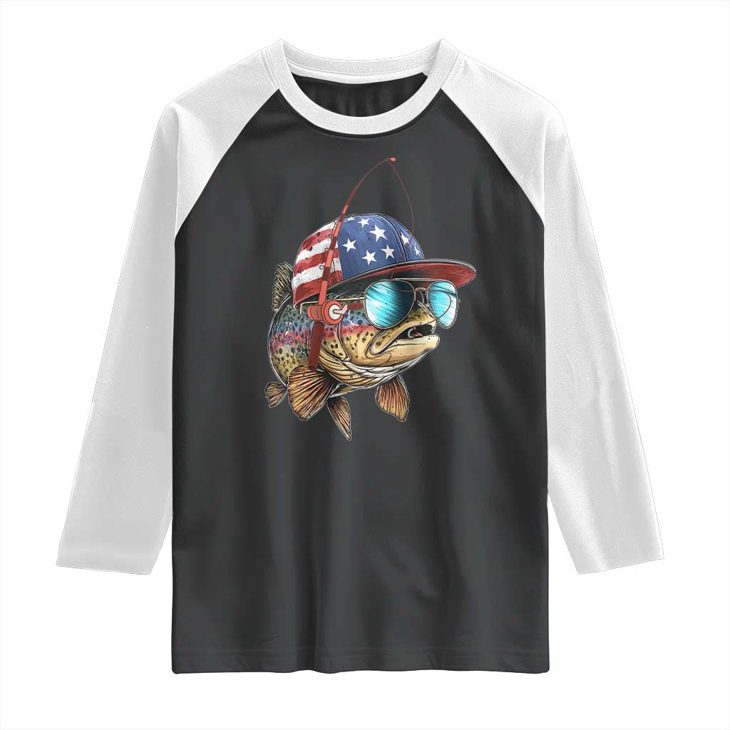 Funny Patriot American Flag Bass Fish Fishing Raglan Shirt TS11 Black White Print Your Wear