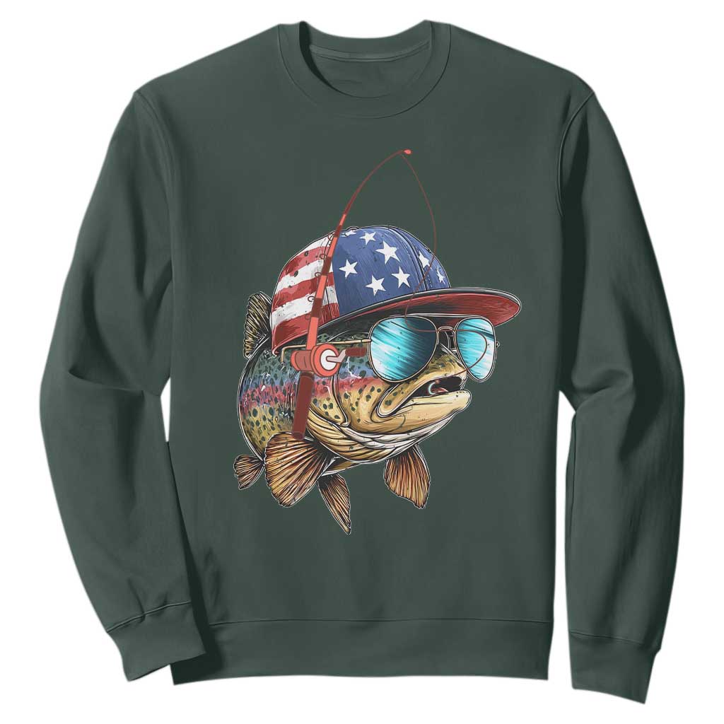 Funny Patriot American Flag Bass Fish Fishing Sweatshirt TS11 Dark Forest Green Print Your Wear