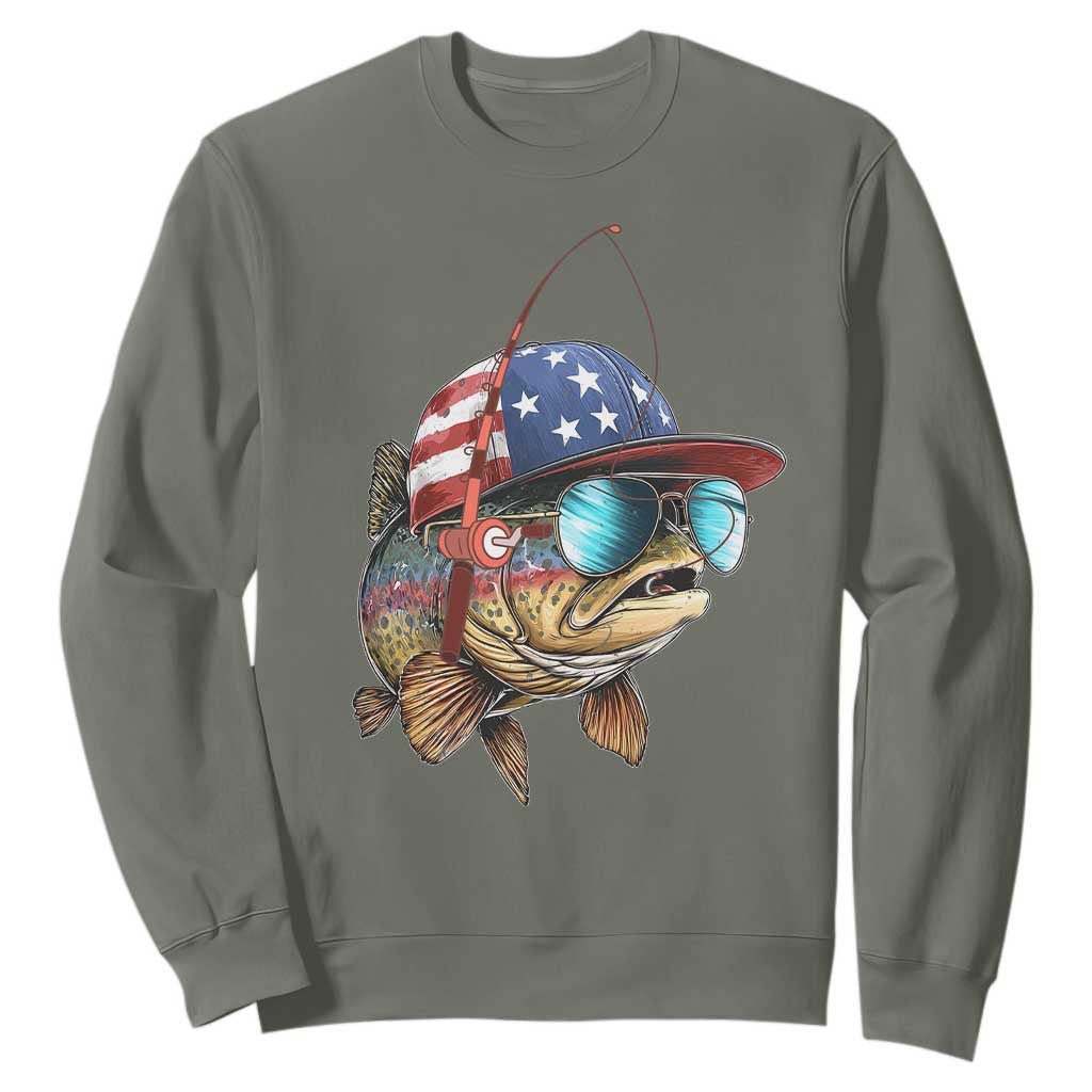 Funny Patriot American Flag Bass Fish Fishing Sweatshirt TS11 Military Green Print Your Wear
