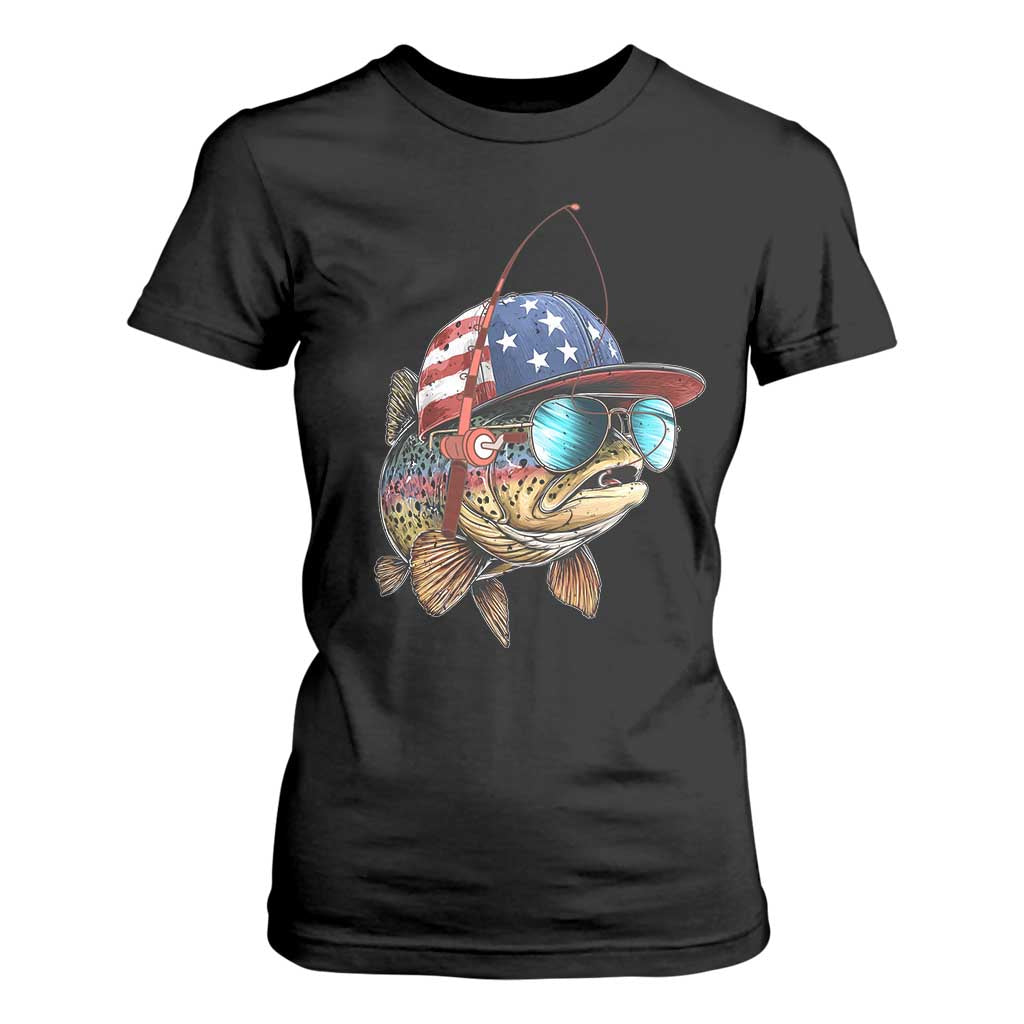 Funny Patriot American Flag Bass Fish Fishing T Shirt For Women - Print Your Wear