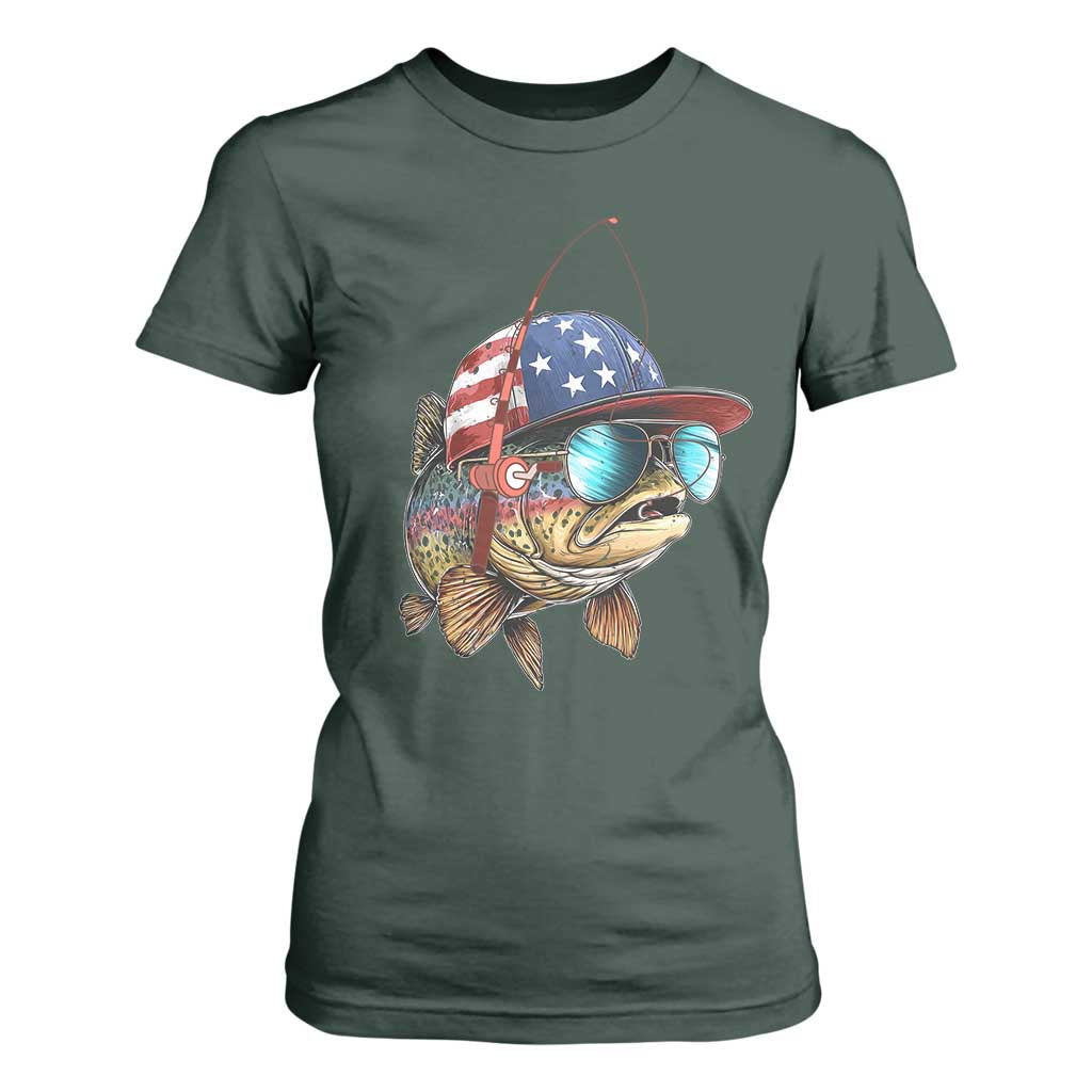 Funny Patriot American Flag Bass Fish Fishing T Shirt For Women TS11 Dark Forest Green Print Your Wear