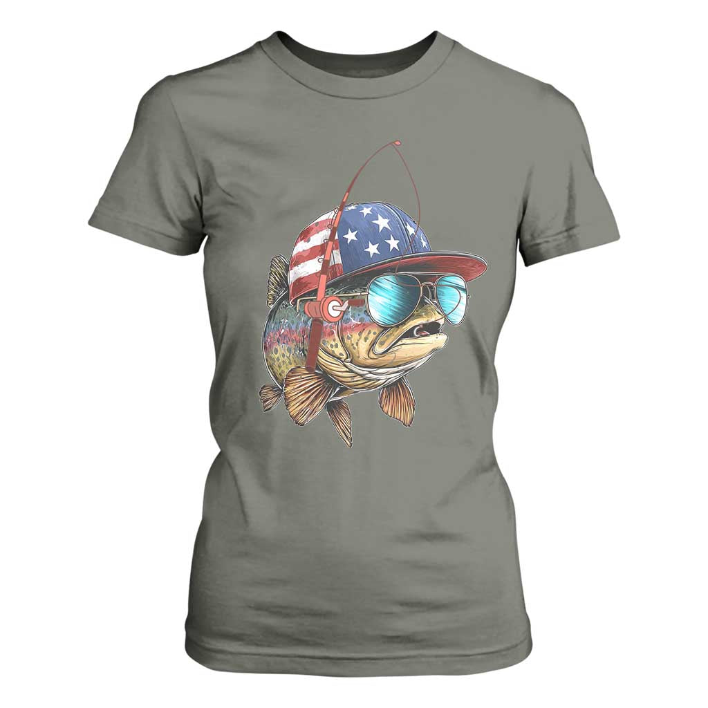 Funny Patriot American Flag Bass Fish Fishing T Shirt For Women TS11 Military Green Print Your Wear