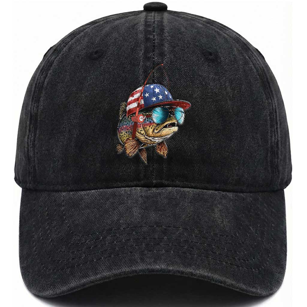Funny Patriot American Flag Bass Fish Fishing Washed Cotton Baseball Cap TS11 Print Your Wear