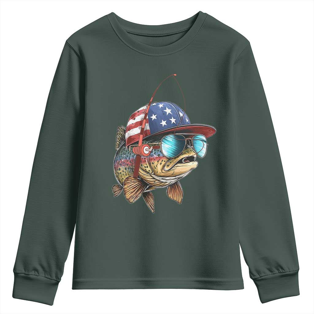 Funny Patriot American Flag Bass Fish Fishing Youth Sweatshirt TS11 Dark Forest Green Print Your Wear