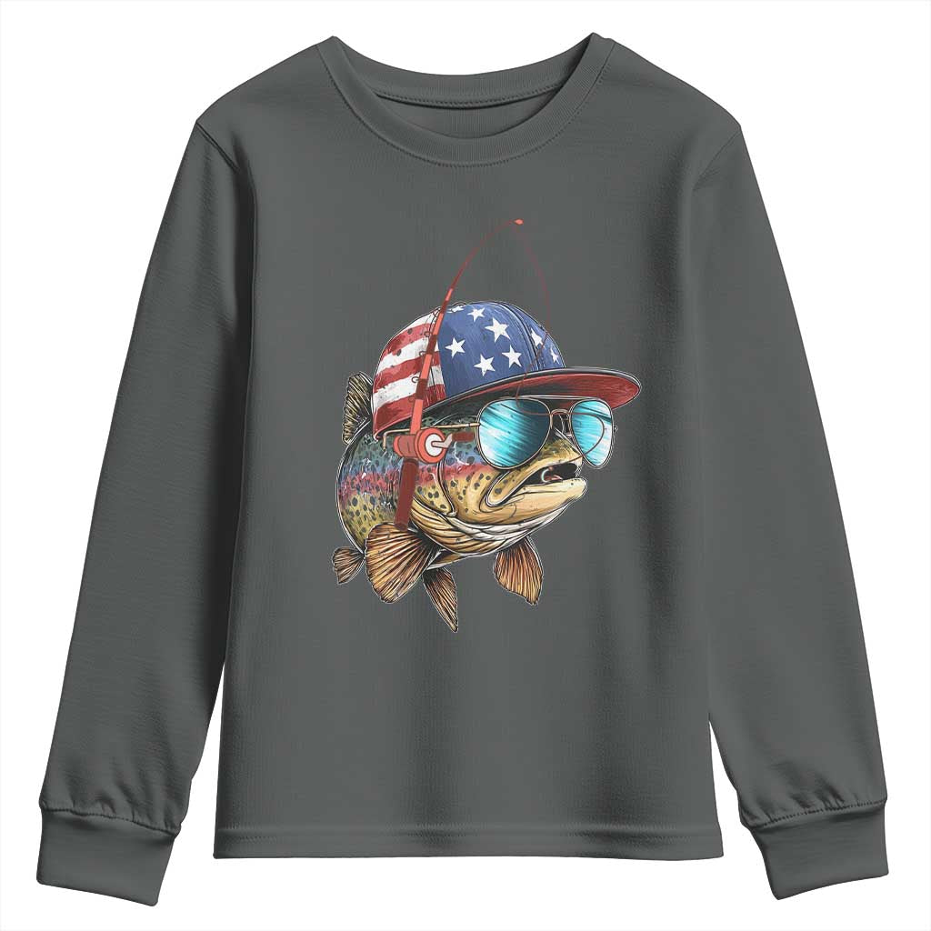 Funny Patriot American Flag Bass Fish Fishing Youth Sweatshirt TS11 Dark Heather Print Your Wear
