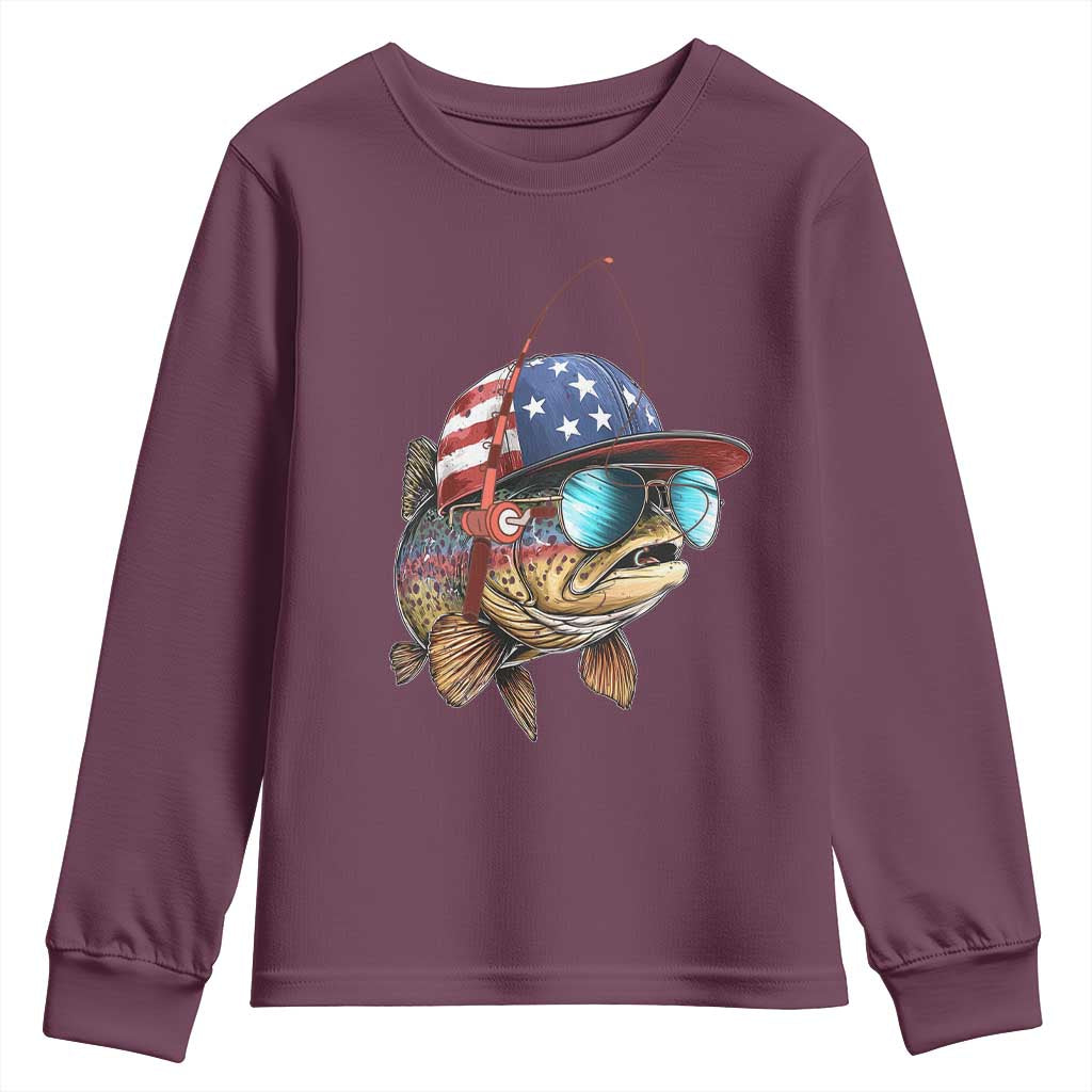 Funny Patriot American Flag Bass Fish Fishing Youth Sweatshirt TS11 Maroon Print Your Wear