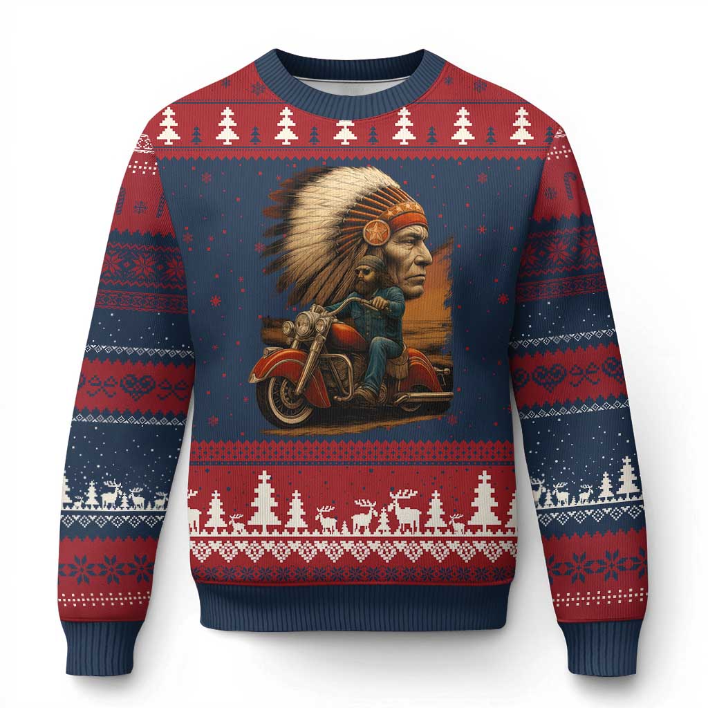 Indian American Rider Ugly Christmas Sweater Vintage Native American Motorcycle - Print Your Wear