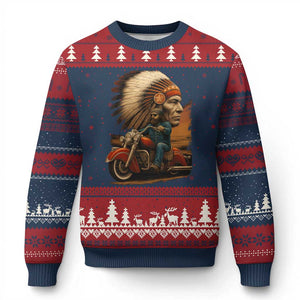 Indian American Rider Ugly Christmas Sweater Vintage Native American Motorcycle - Print Your Wear