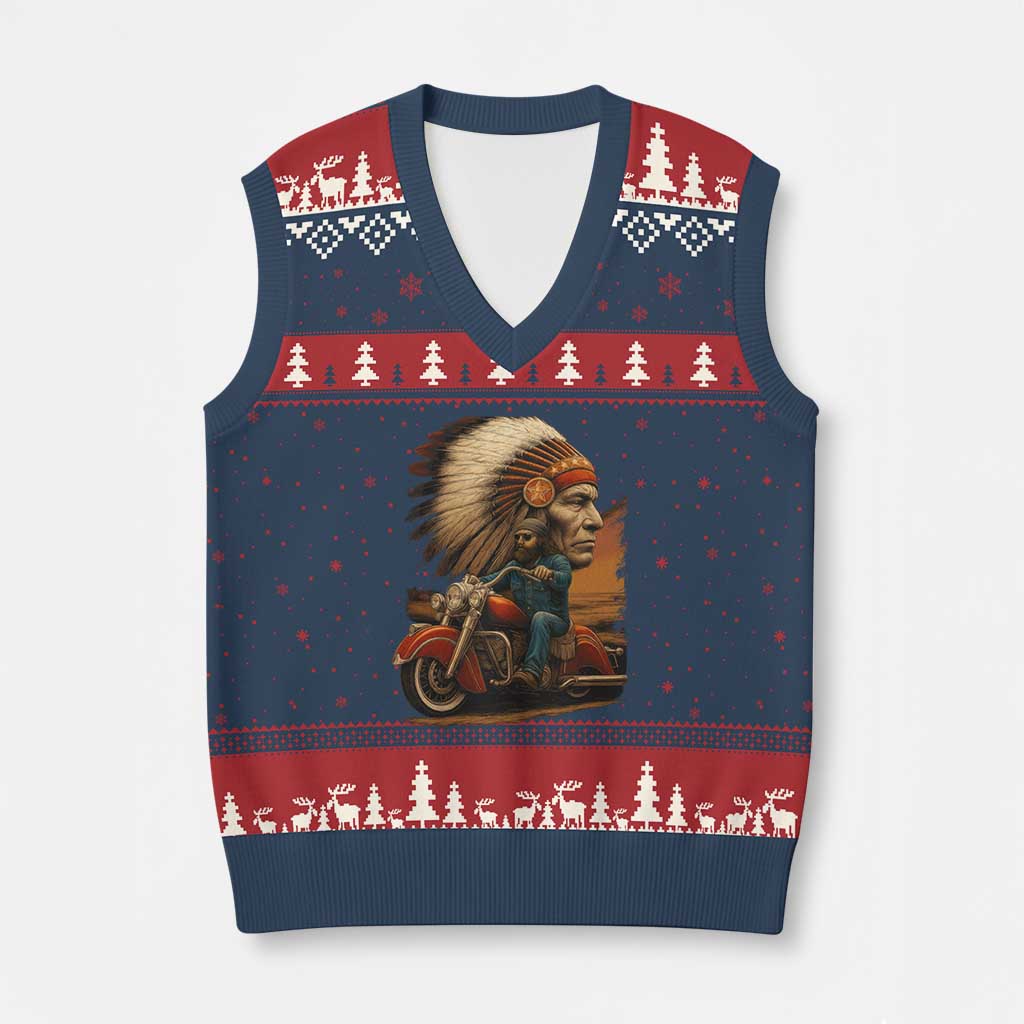 Indian American Rider V-Neck Knit Sweater Vest Vintage Native American Motorcycle - Print Your Wear