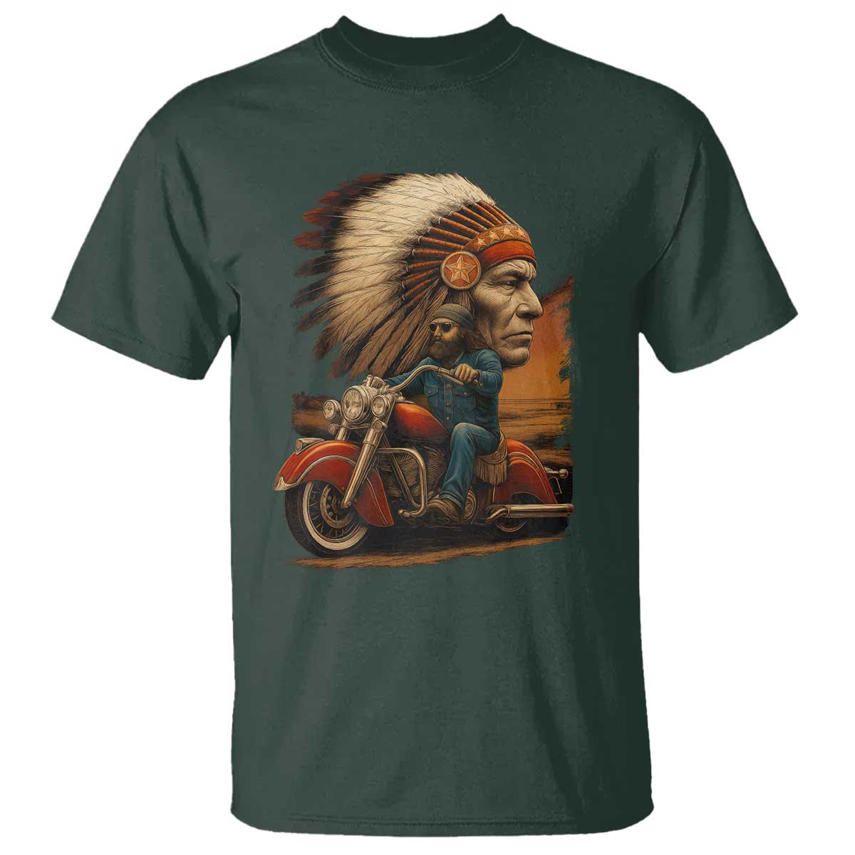 Indian American Rider T Shirt Vintage Native American Motorcycle TS11 Dark Forest Green Print Your Wear