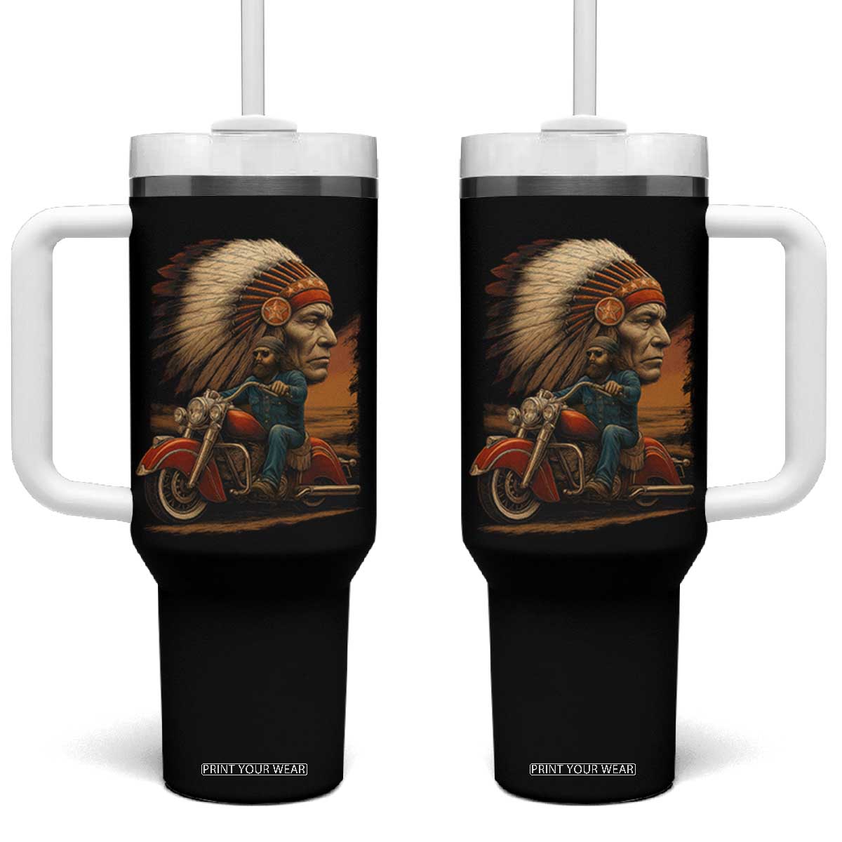 Indian American Rider Tumbler With Handle Vintage Native American Motorcycle TS11 One Size: 40 oz Black Print Your Wear