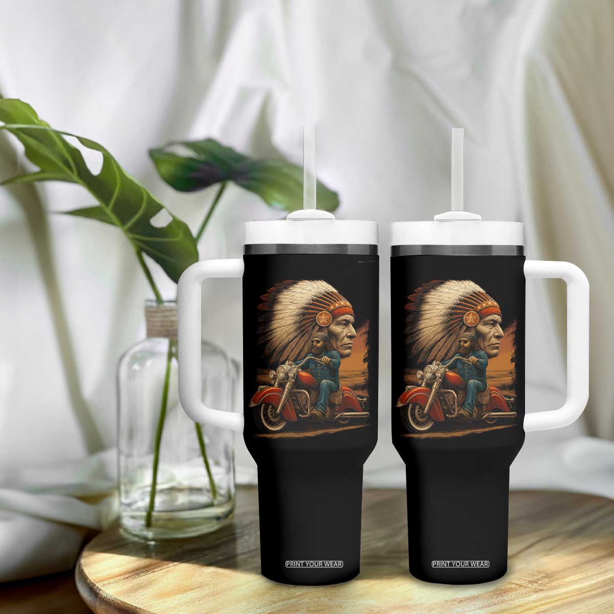 Indian American Rider Tumbler With Handle Vintage Native American Motorcycle TS11 Print Your Wear