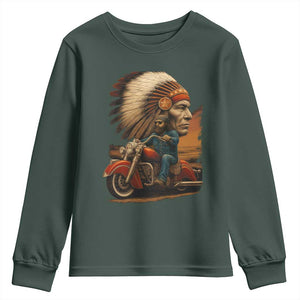 Indian American Rider Youth Sweatshirt Vintage Native American Motorcycle TS11 Dark Forest Green Print Your Wear