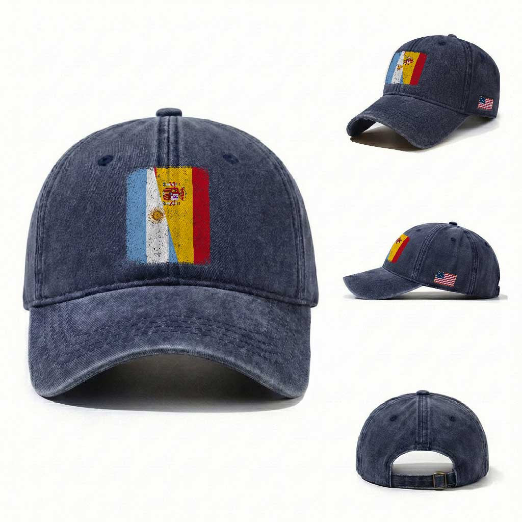 Spain Argentina Half Flag Spanish Argentinian Roots Washed Cotton Baseball Cap