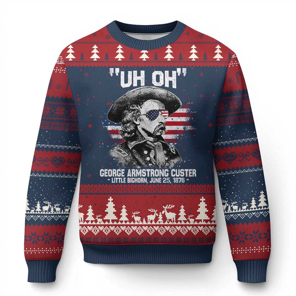 Uh Oh George Armstrong Custer Little Bighorn Ugly Christmas Sweater Vintage American Flag June 25 1876 TS11 Navy Red Print Your Wear