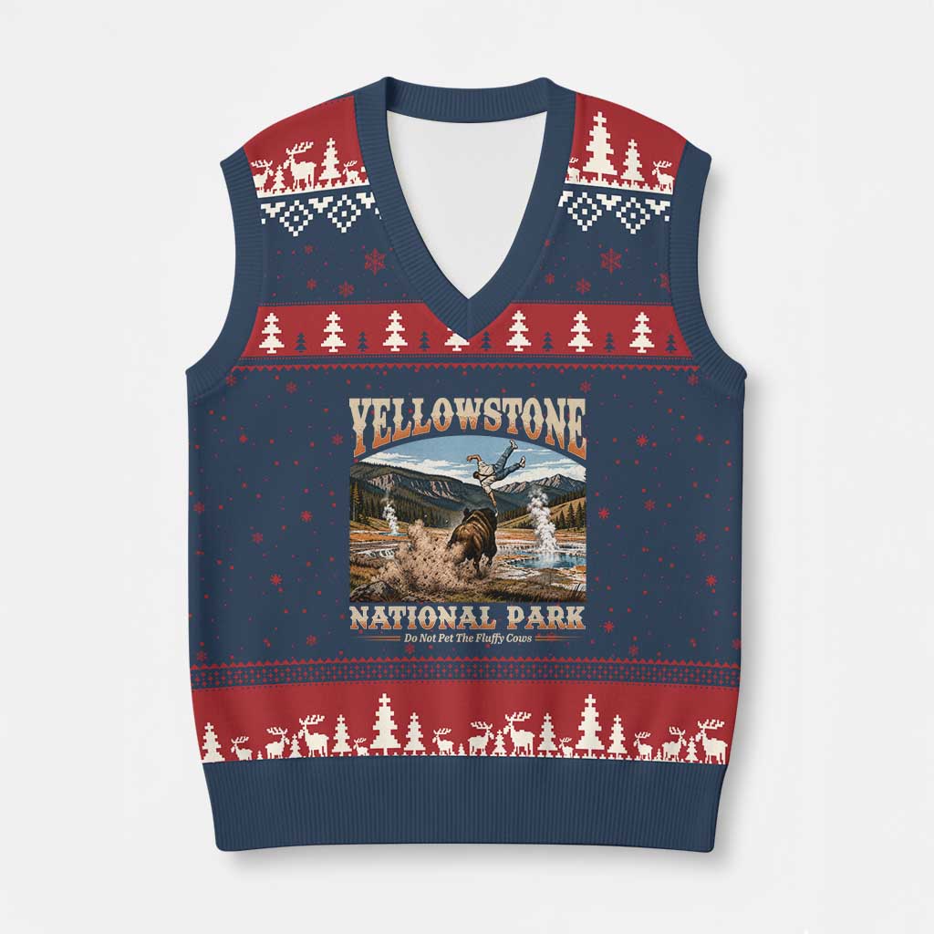 Yellowstone National Park Do Not Pet The Fluffy Cows V-Neck Knit Sweater Vest TS11 Navy Red Print Your Wear
