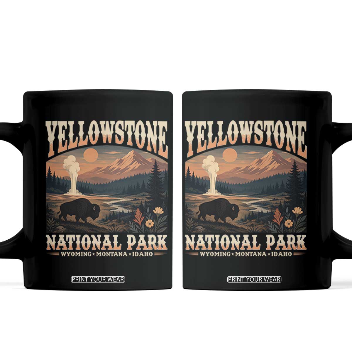 Yellowstone National Park Wyoming Montana Idaho Coffee Mug Vintage Bison Geyser TS11 Black Print Your Wear