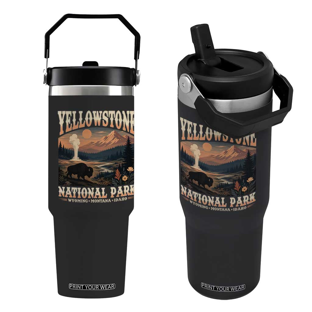 Yellowstone National Park Wyoming Montana Idaho Flip Straw Tumbler Vintage Bison Geyser