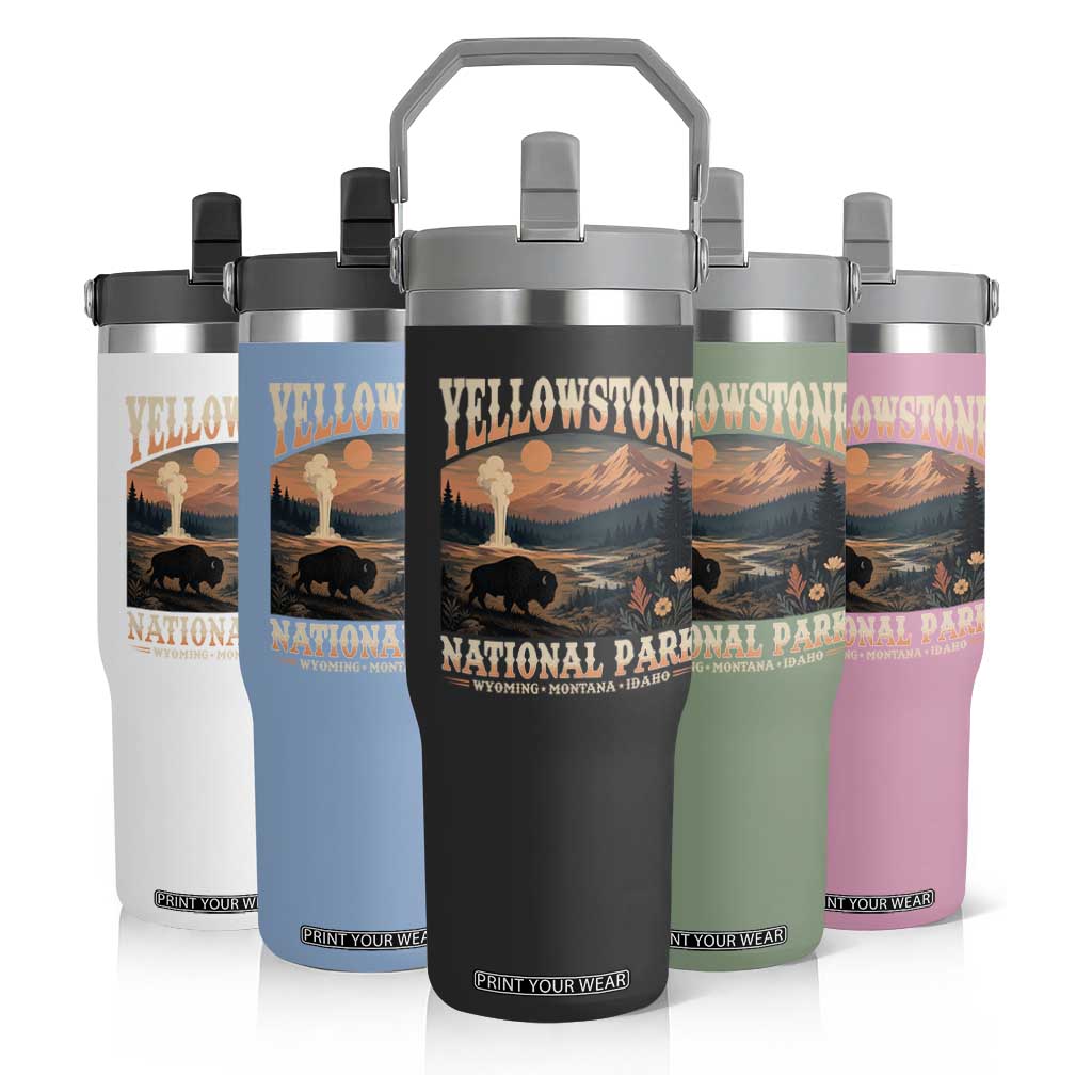 Yellowstone National Park Wyoming Montana Idaho Flip Straw Tumbler Vintage Bison Geyser