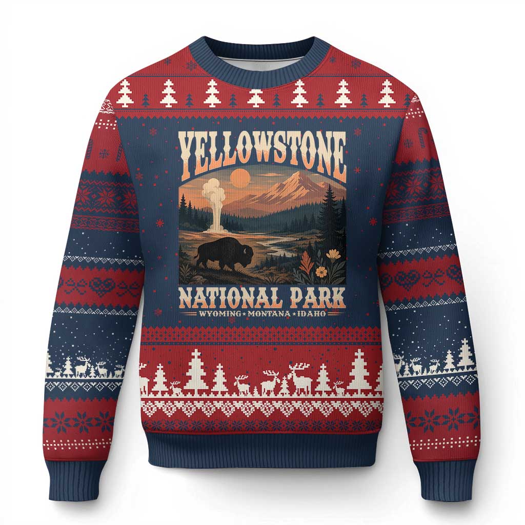 Yellowstone National Park Wyoming Montana Idaho Ugly Christmas Sweater Vintage Bison Geyser TS11 Navy Red Print Your Wear