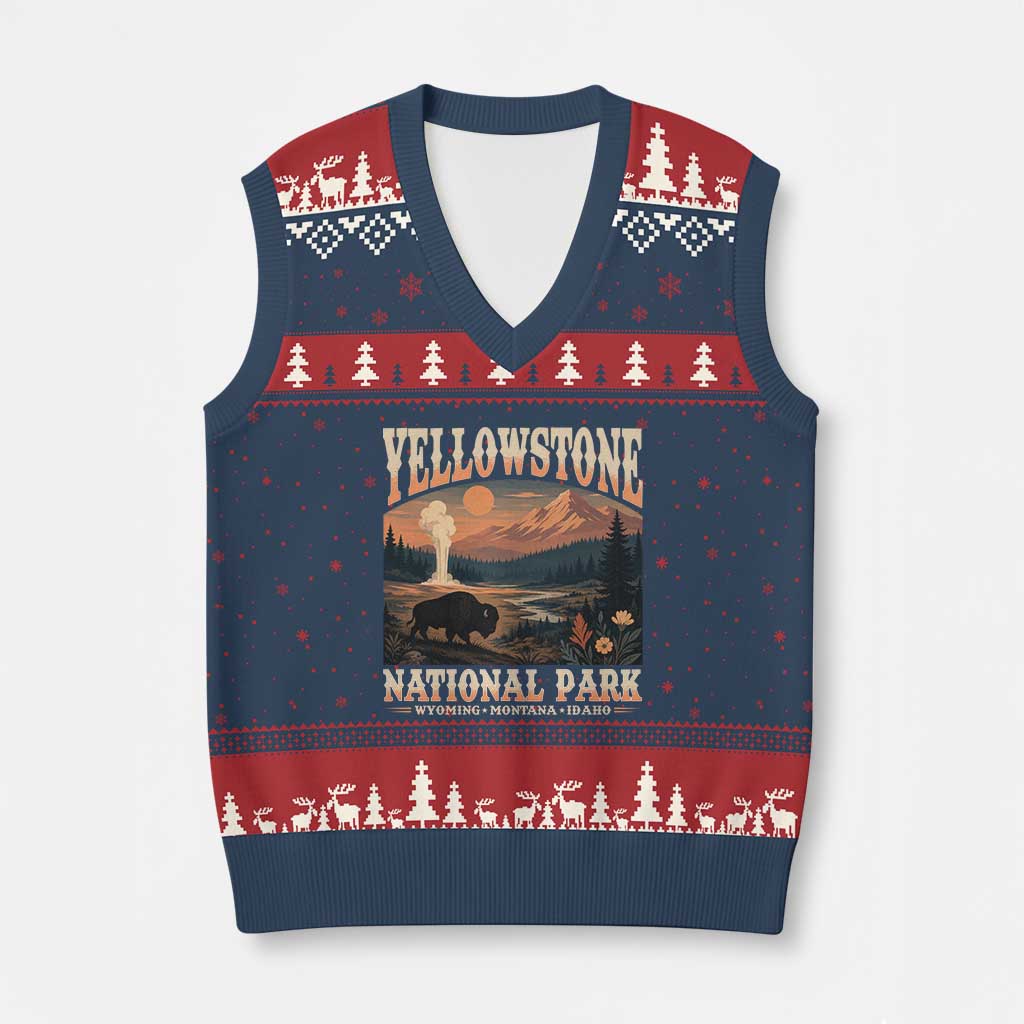 Yellowstone National Park Wyoming Montana Idaho V-Neck Knit Sweater Vest Vintage Bison Geyser