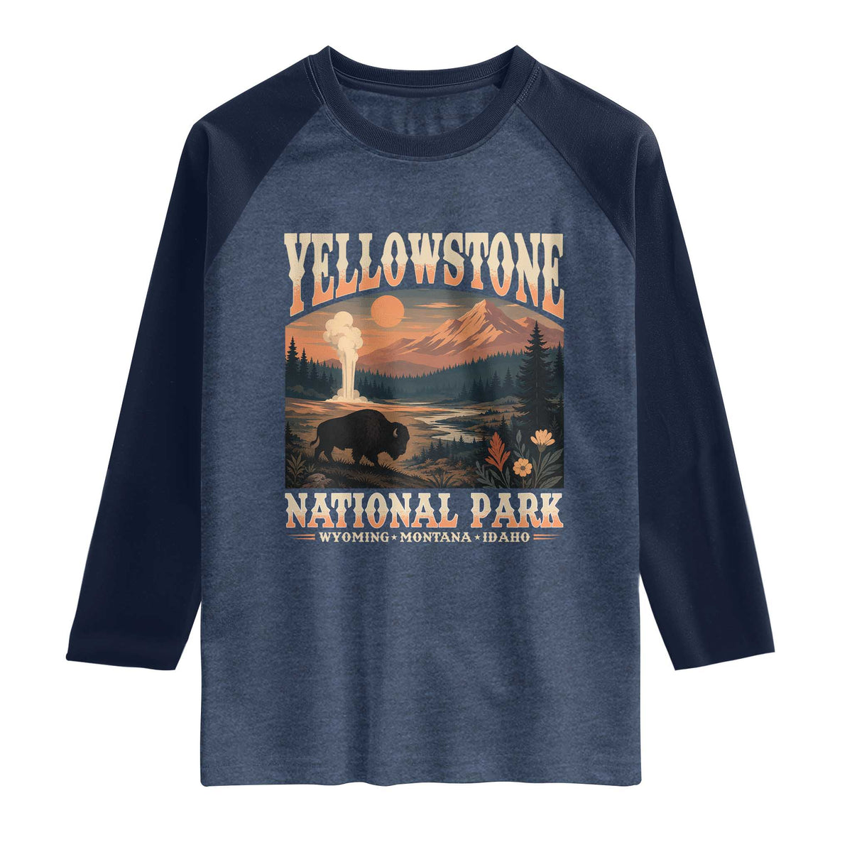 Yellowstone National Park Wyoming Montana Idaho Raglan Shirt Vintage Bison Geyser