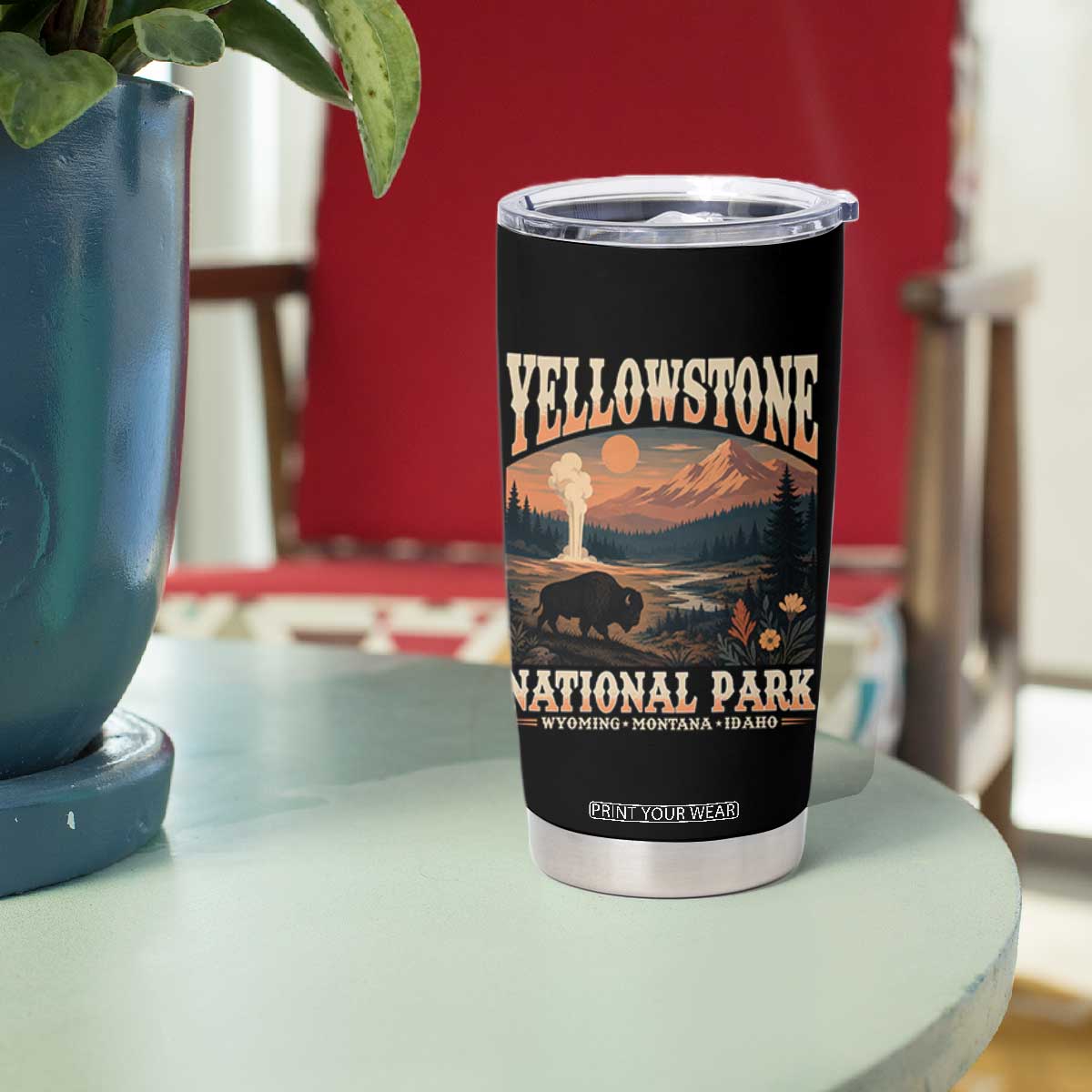 Yellowstone National Park Wyoming Montana Idaho Tumbler Cup Vintage Bison Geyser