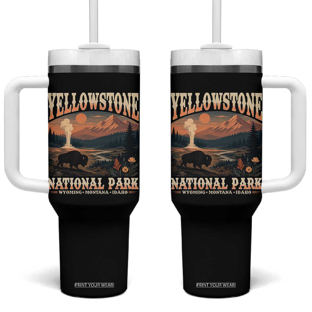 Yellowstone National Park Wyoming Montana Idaho Tumbler With Handle Vintage Bison Geyser TS11 One Size: 40 oz Black Print Your Wear
