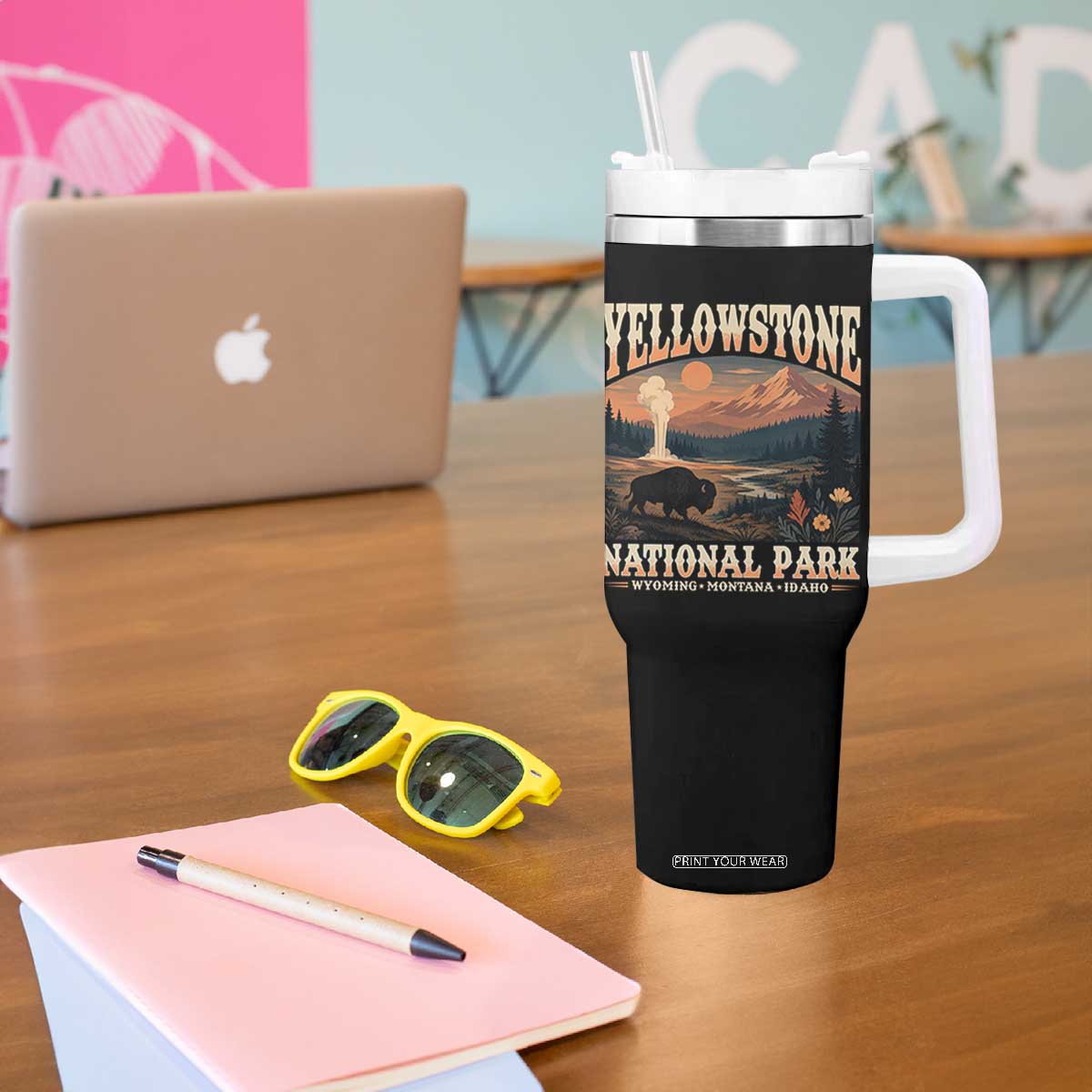 Yellowstone National Park Wyoming Montana Idaho Tumbler With Handle Vintage Bison Geyser
