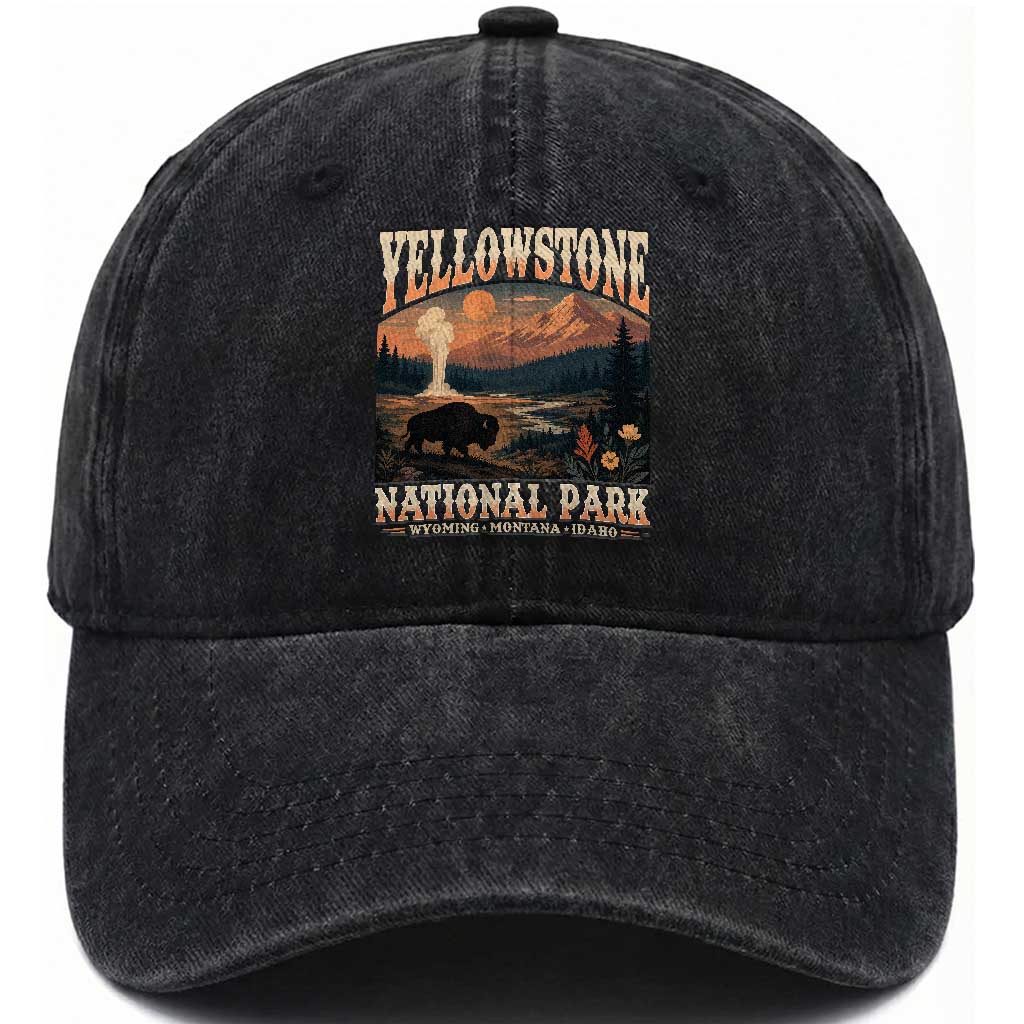Yellowstone National Park Wyoming Montana Idaho Washed Cotton Baseball Cap Vintage Bison Geyser