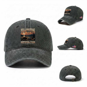Yellowstone National Park Wyoming Montana Idaho Washed Cotton Baseball Cap Vintage Bison Geyser